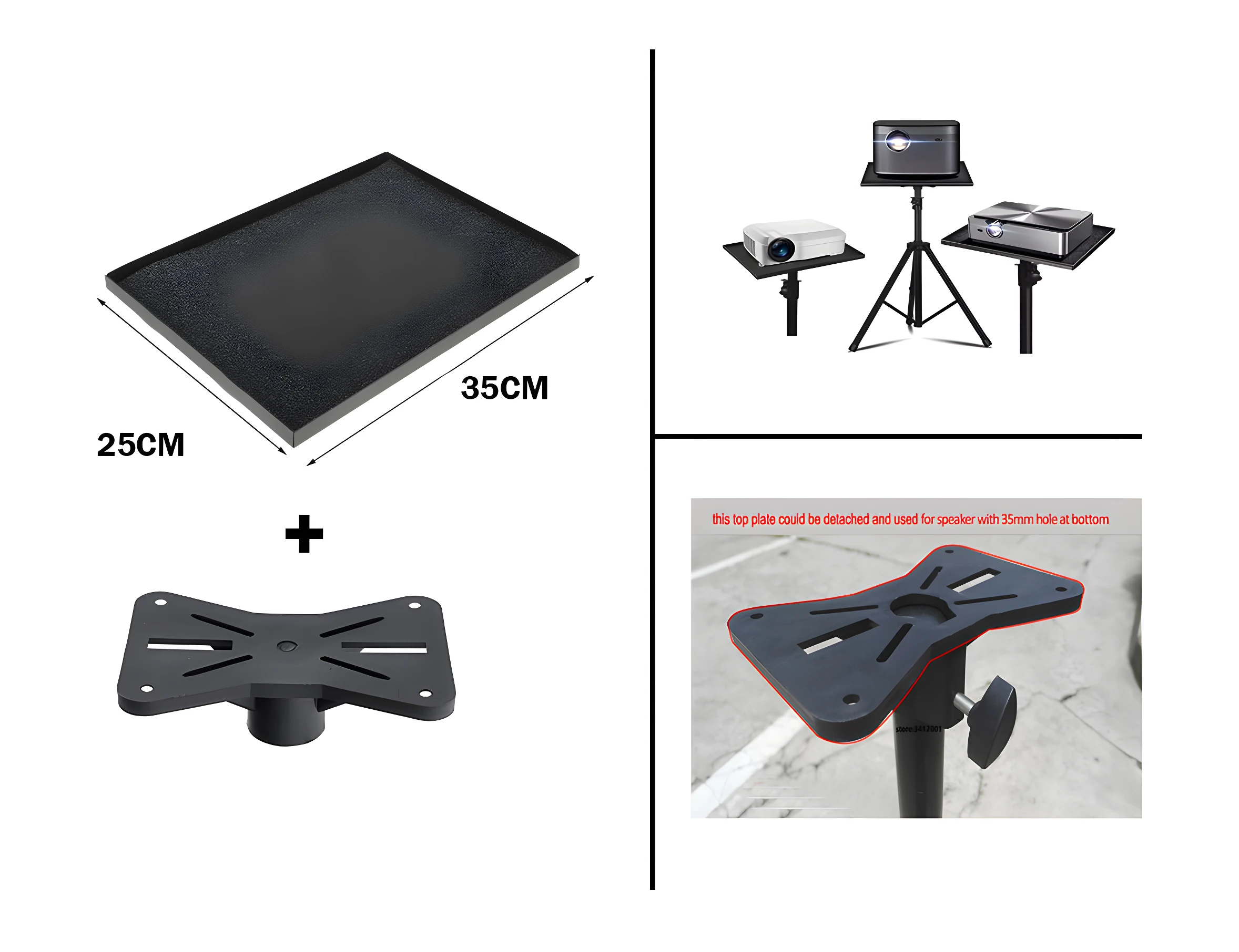 Bandeja negra de 35x25cm para trípode, con base adaptable de 35mm, ideal para proyectores.