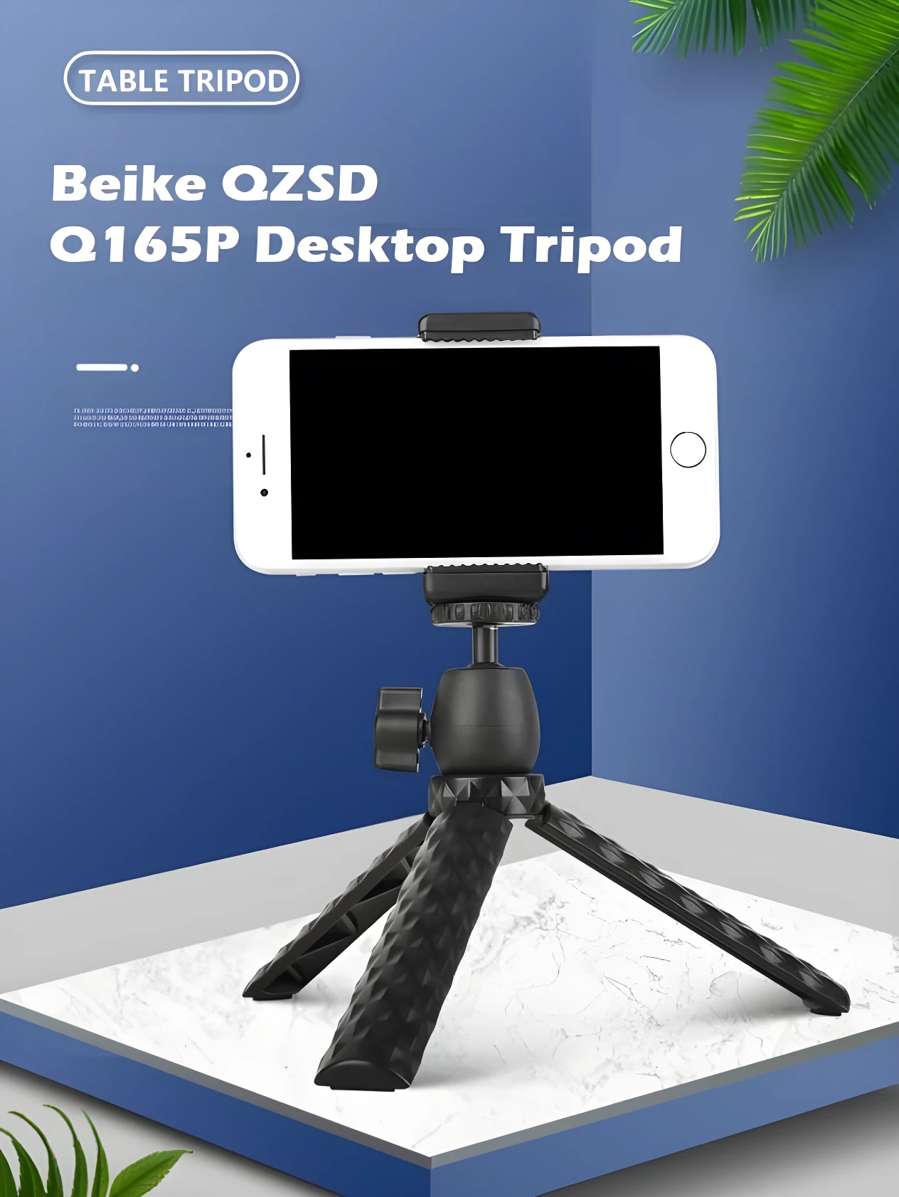 Trípode de escritorio Beike Q165P para celular, negro, con celular blanco en posición horizontal, base de mármol y fondo azul.