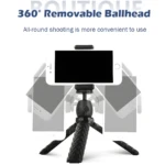 Trípode de escritorio negro con celular giratorio 360°, ideal para grabar y ver contenido.