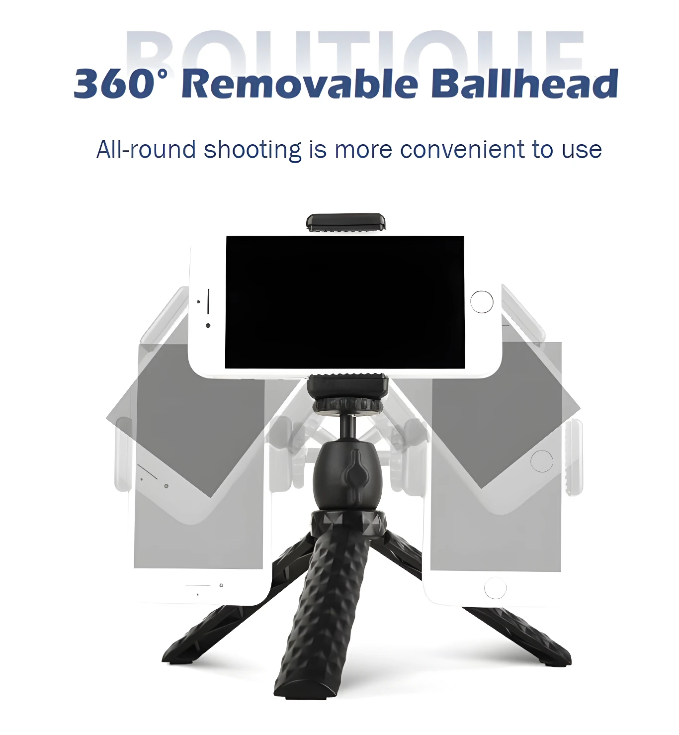 Trípode de escritorio negro con celular giratorio 360°, ideal para grabar y ver contenido.