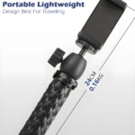 Trípode de escritorio negro, portátil y liviano, mide 24cm, pesa 0.16kg, ideal para viajar.