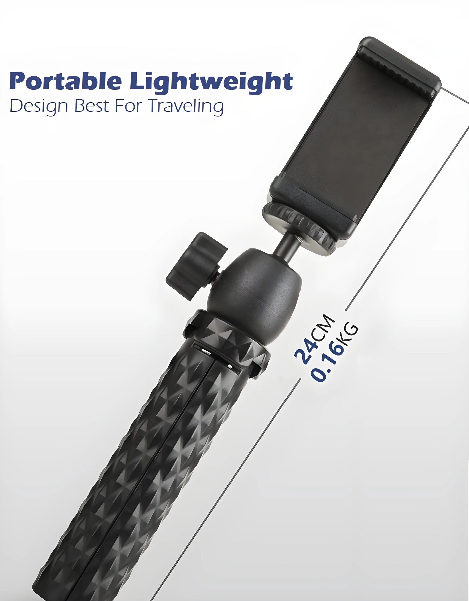 Trípode de escritorio negro, portátil y liviano, mide 24cm, pesa 0.16kg, ideal para viajar.