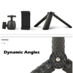 Trípode de escritorio negro con rótula y soporte para celular, ideal para grabar y ver contenido.