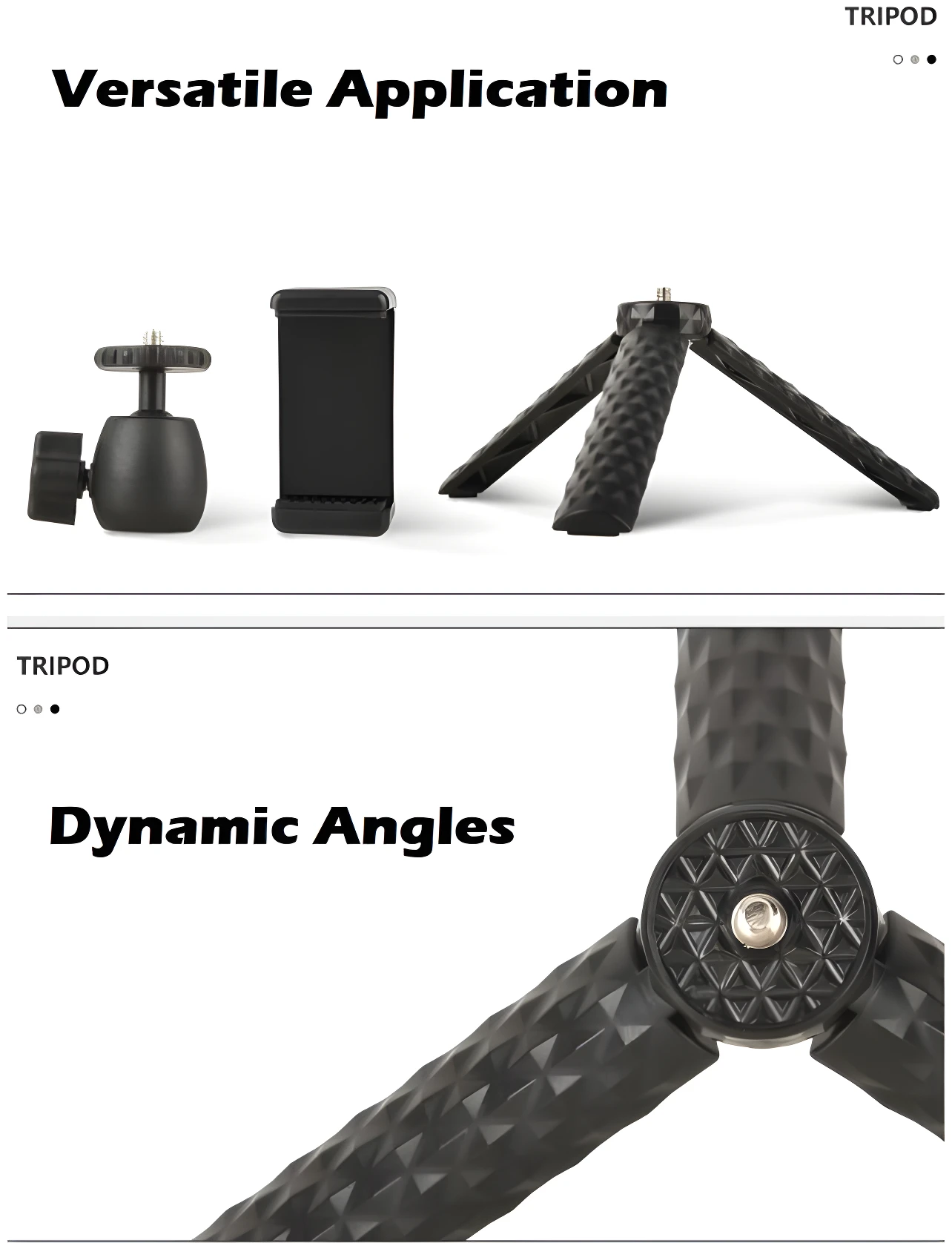 Trípode de escritorio negro con rótula y soporte para celular, ideal para grabar y ver contenido.