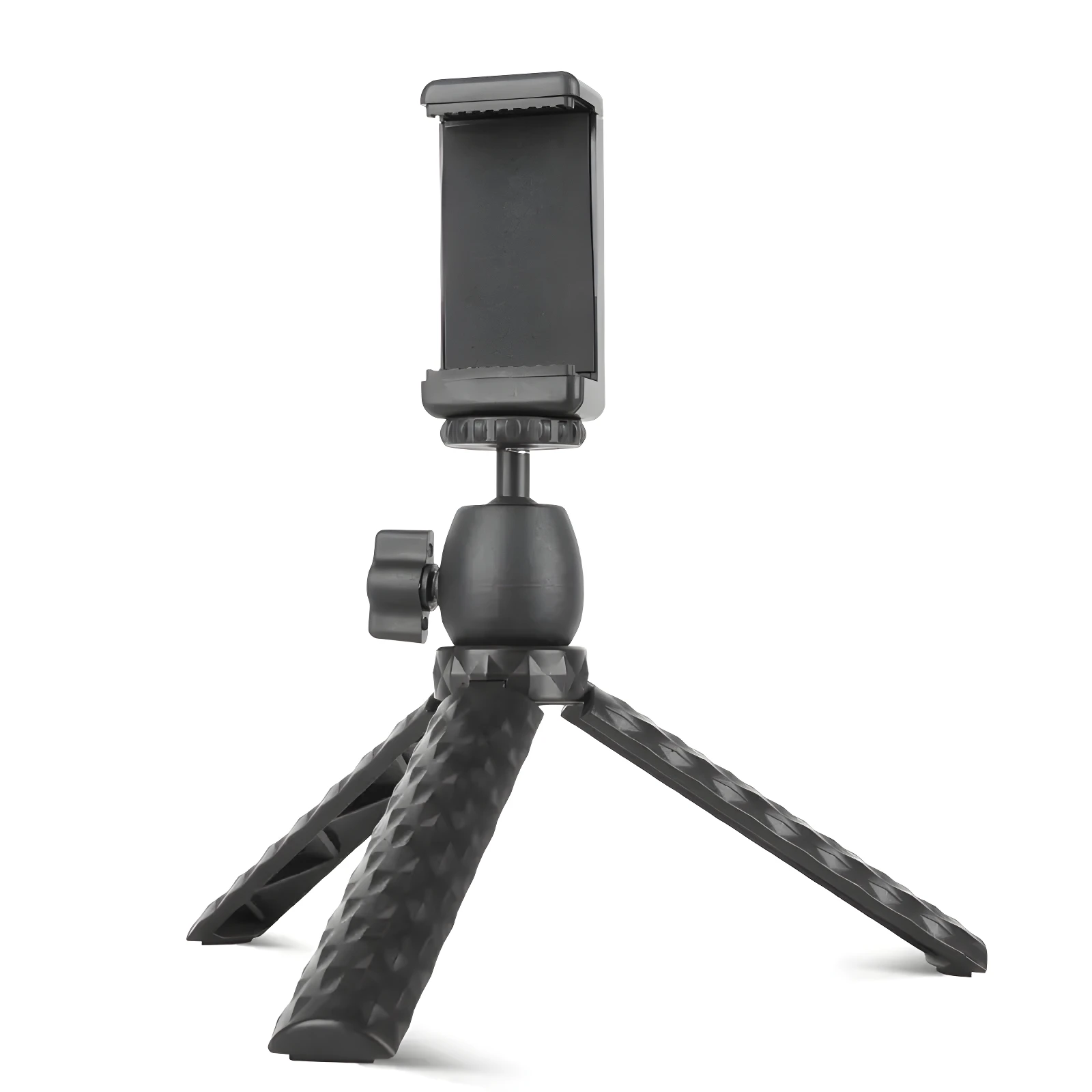 Trípode de escritorio negro con soporte para celular, patas texturizadas y ajuste de ángulo.