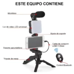 Kit de vlogging: trípode de mesa, teléfono con micrófono y luz LED, control Bluetooth.
