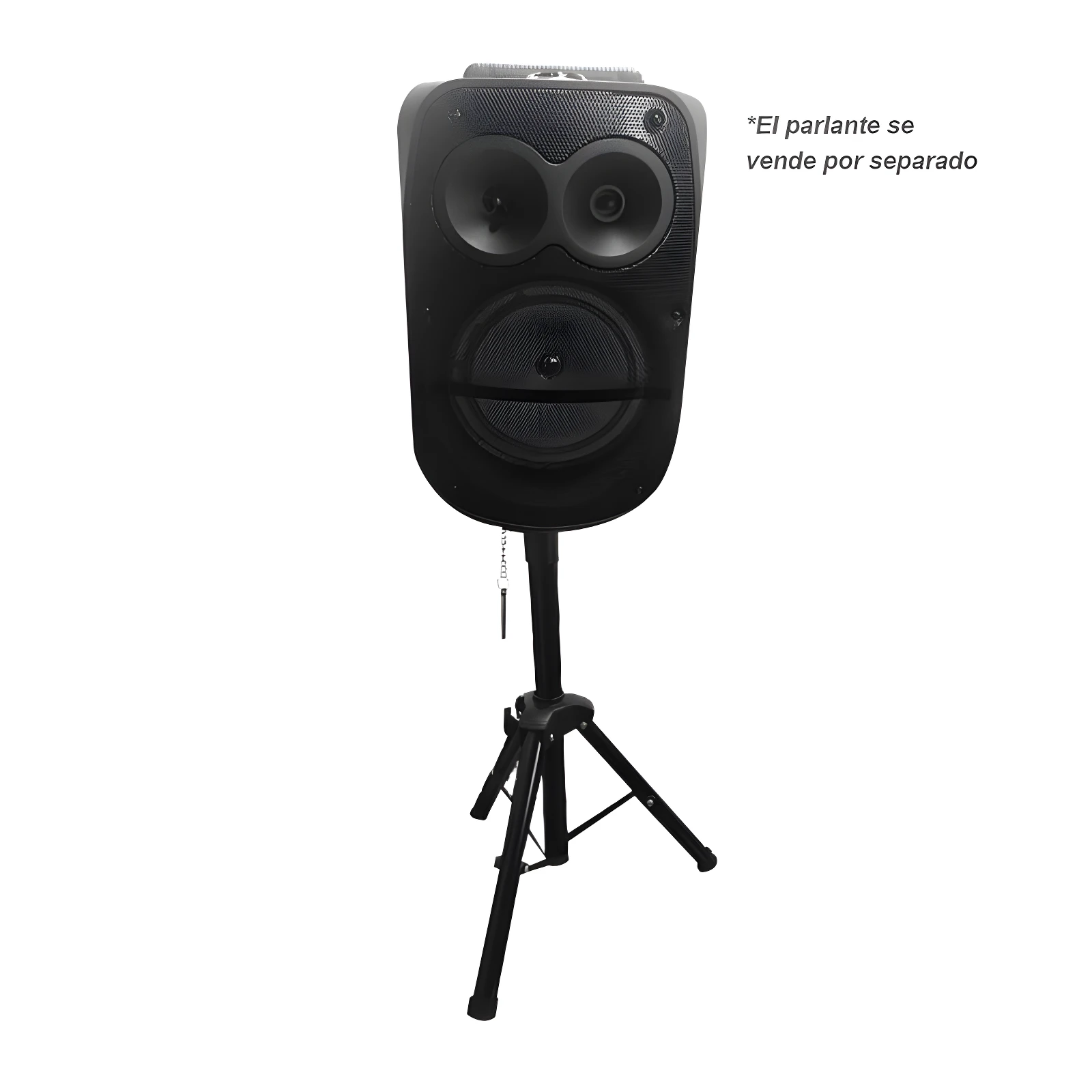 Parlante negro con dos tweeters y un woofer sobre trípode metálico negro, texto "El parlante se vende por separado"