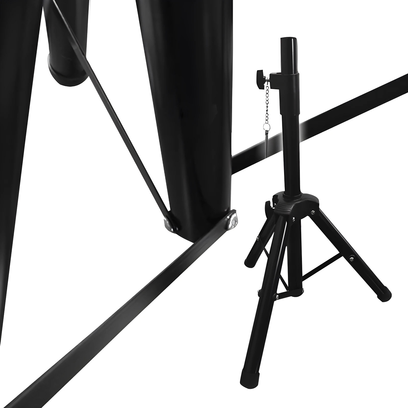 Trípode metálico negro para parlantes, con altura ajustable.