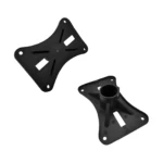 Soportes negros para parlantes, uno plano con ranuras y otro con tubo.
