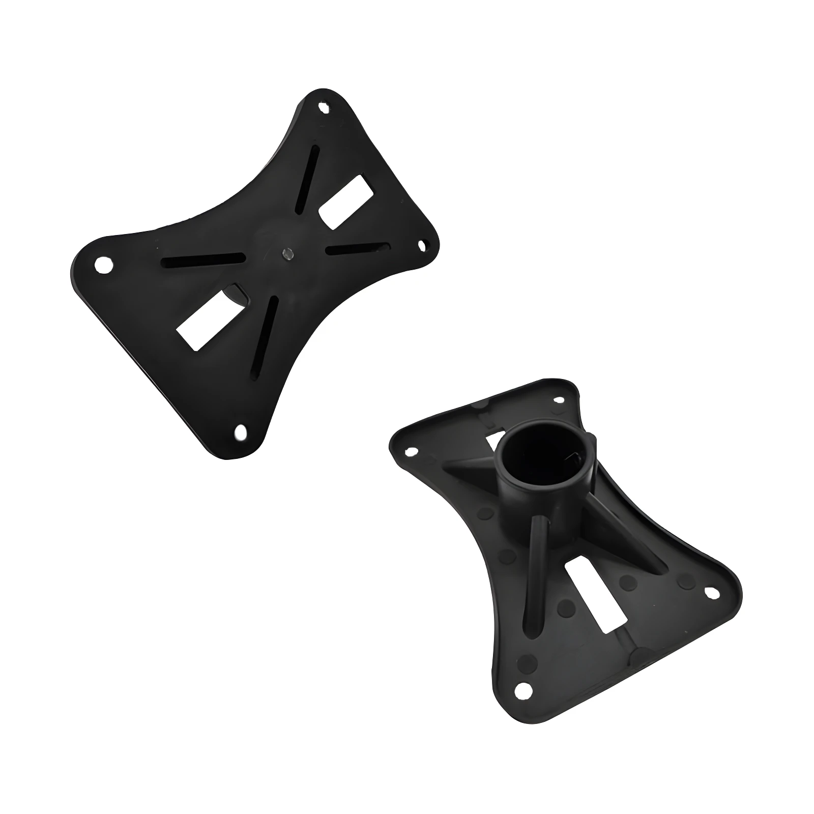 Soportes negros para parlantes, uno plano con ranuras y otro con tubo.