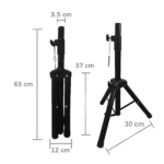 Trípode profesional negro para parlantes. Plegado mide 63 cm de alto x 12 cm de ancho. Abierto en un ángulo de 37 cm de altura.