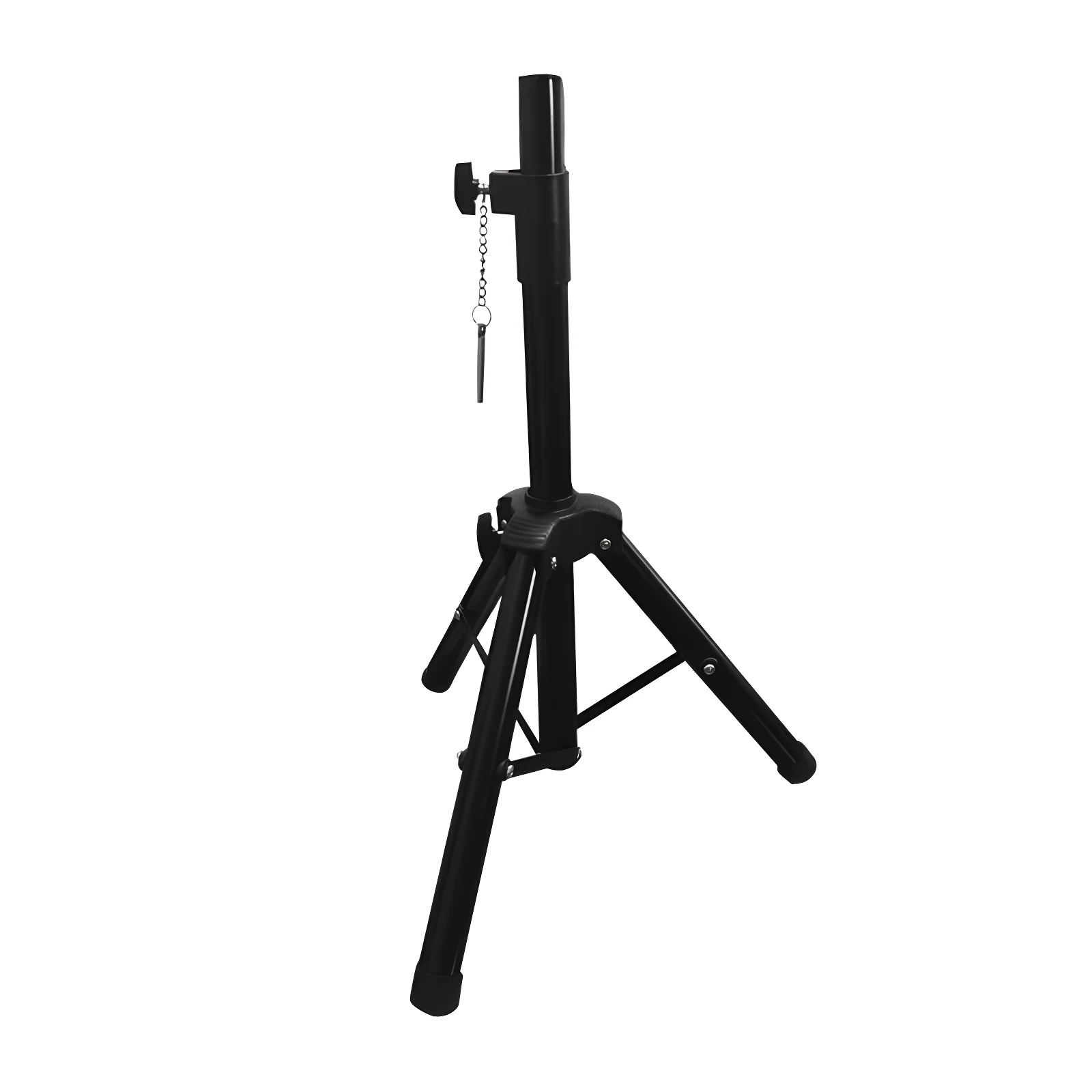 Trípode metálico negro para parlantes, ajustable en altura, con base estable de tres patas y cadena de seguridad.