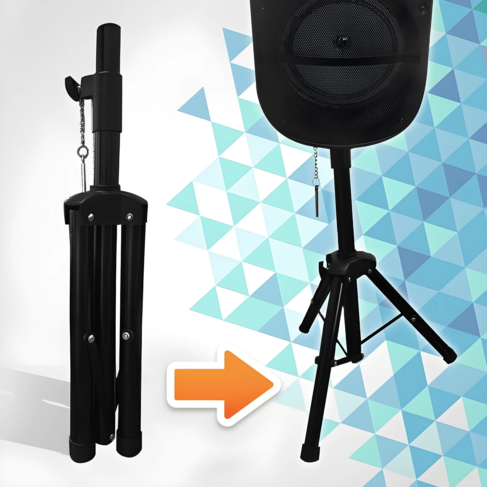 Trípode metálico negro para parlantes, plegable y ajustable, en uso con parlante.