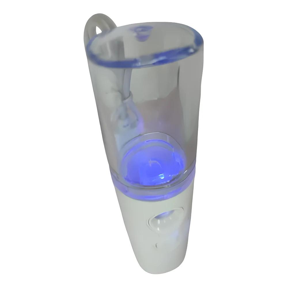 Vaporizador facial recargable blanco y transparente con luz azul, para hidratación.