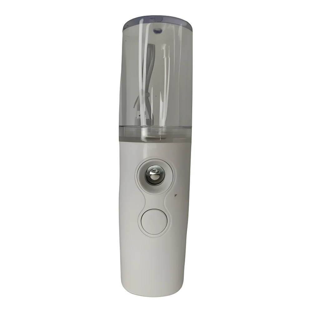 Vaporizador facial blanco recargable con tanque transparente, ideal para humidificar la piel.