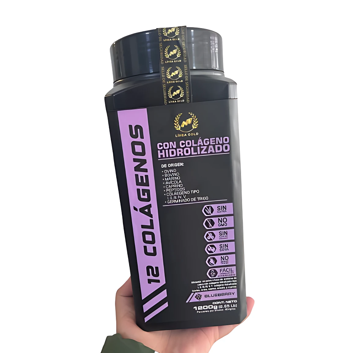 Bote negro 12 Colágenos Hidrolizados Blueberry, 1200g, con sello de seguridad.
