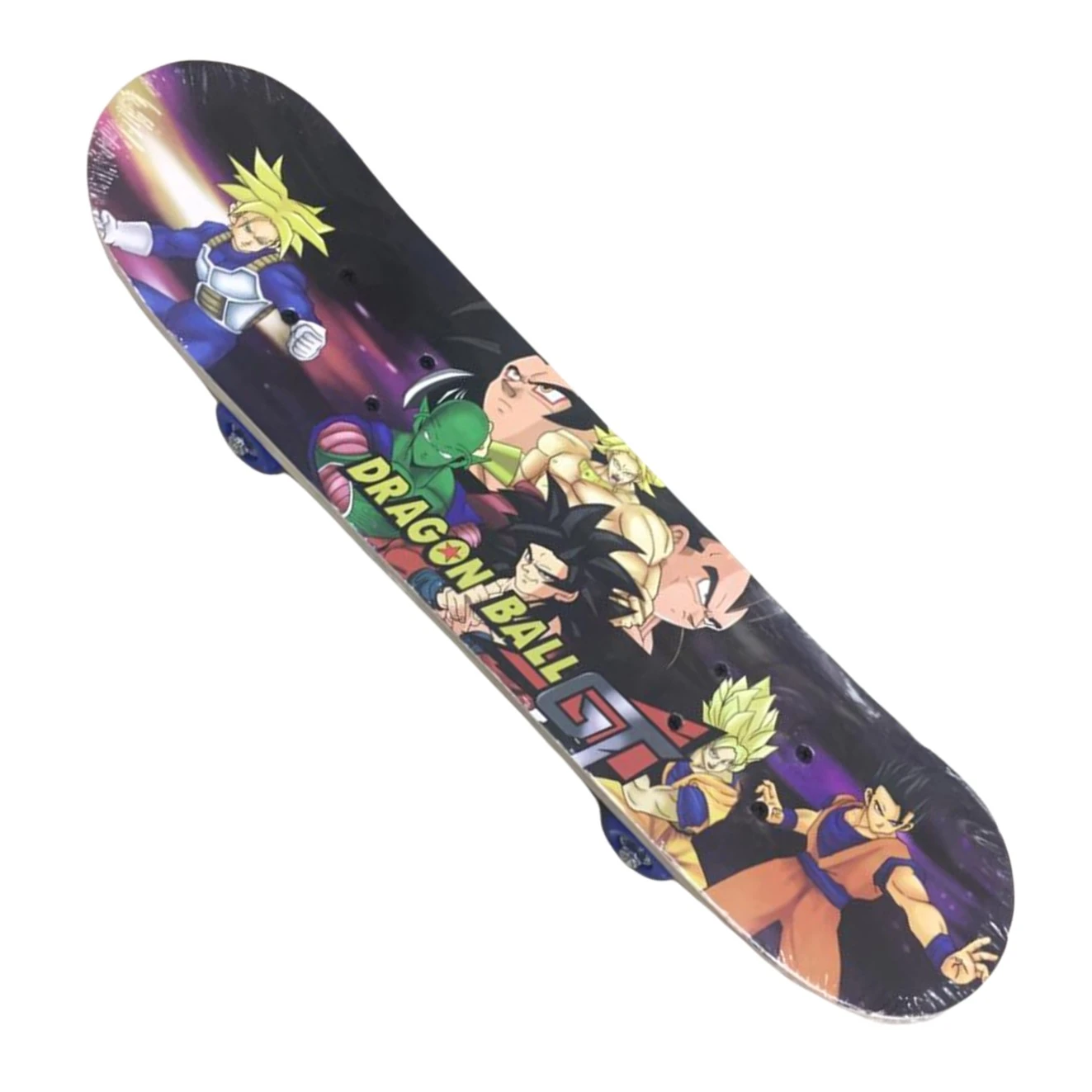 Tabla patineta infantil con diseño de Dragon Ball, personajes en acción sobre fondo espacial, ruedas azules visibles, ideal para niños que buscan diversión y equilibrio.