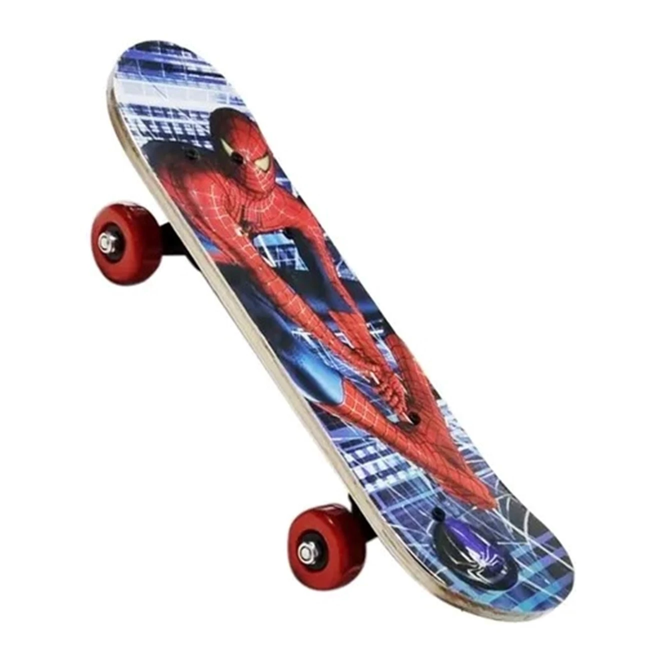 Tabla patineta infantil con diseño de Spiderman, ruedas rojas y deck decorado con fondo urbano en tonos azules y grises.