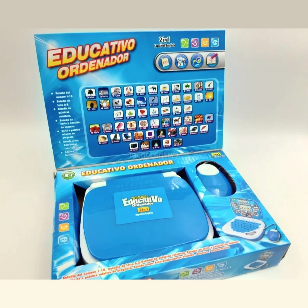 Computador didáctico infantil azul 2 en 1 español-inglés, con mouse, para aprender letras y números.