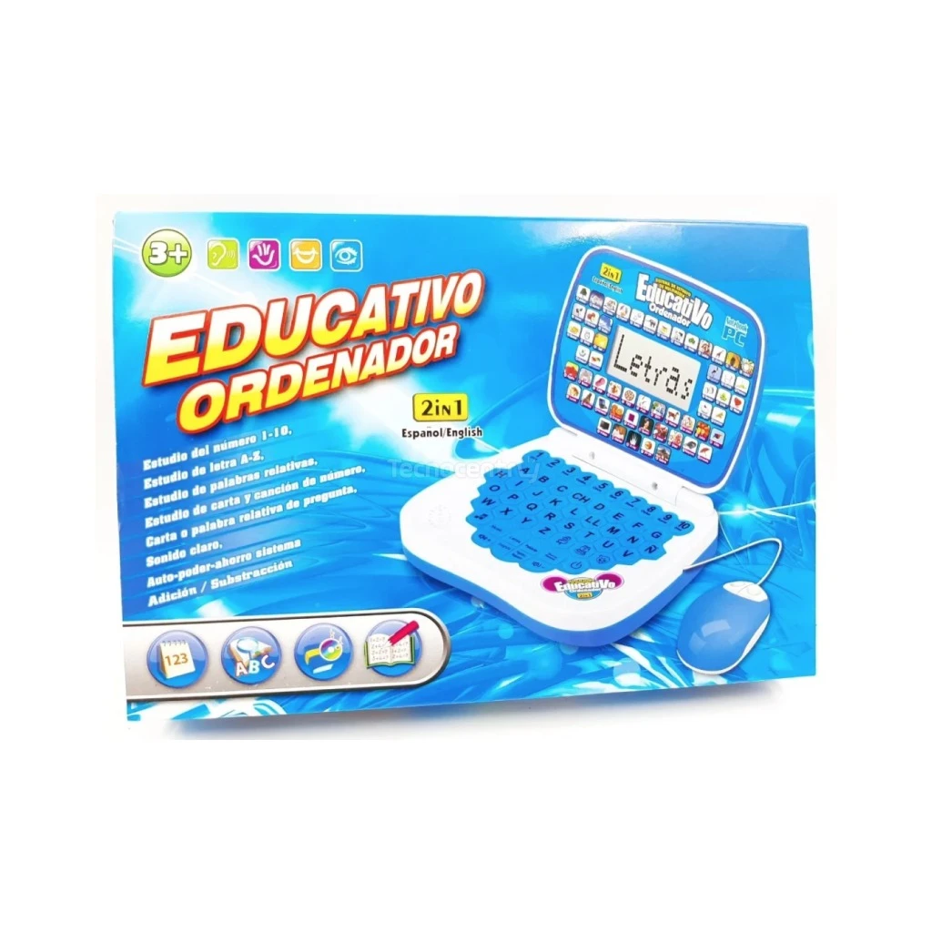 Computador didáctico infantil azul y blanco, con pantalla de letras y números, teclado y mouse.