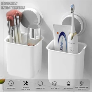Set x2 organizadores blancos adhesivos para baño con cepillos, crema dental y cepillo eléctrico.