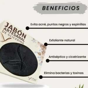 Jabón artesanal de carbón activado y glicerina con árbol de té, ideal para limpiar, purificar y combatir acné, puntos negros y espinillas.