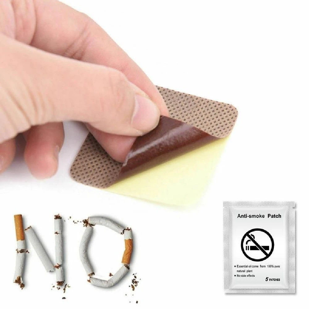 Parche anti tabaco con aceites esenciales, mostrando aplicación en piel y empaque individual con cinco unidades.