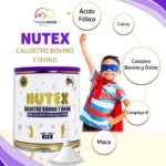 Proteína Nutex Calostro Bovino y Ovino 400gr sabor vainilla, con niño superhéroe.