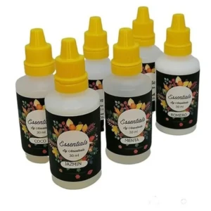 Seis esencias concentradas hidrosolubles de 30 ml con tapas amarillas, ideal para crear ambientes agradables.