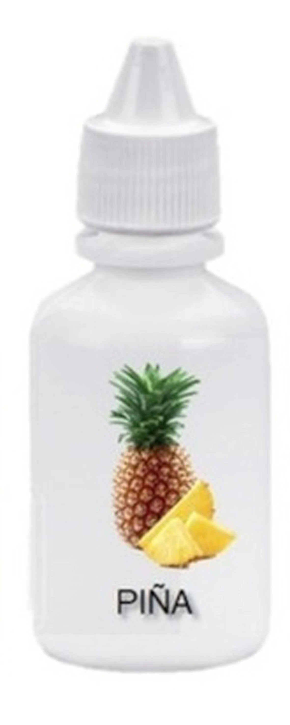 Botella blanca con gotero de esencias hidrosolubles aroma piña, etiqueta con de piña entera y trozos, texto PIÑA en negro.
