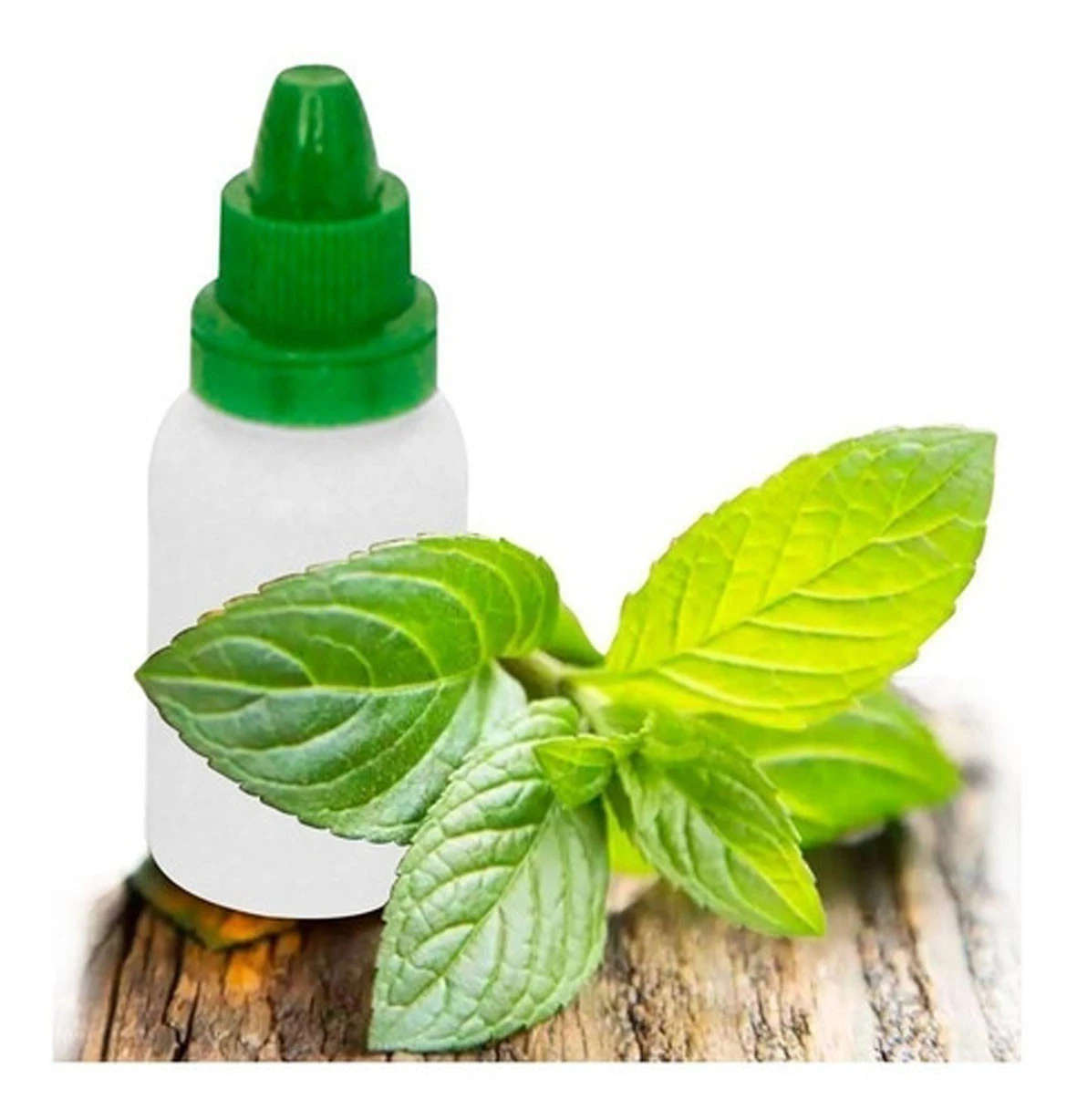 Bote blanco con tapa verde de gotero, acompañado de hojas frescas de menta sobre superficie de madera rústica.