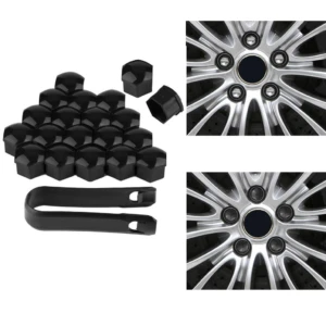 Tapas embellecedoras negras para pernos de rueda de auto, con herramienta de instalación, para proteger y decorar llantas.