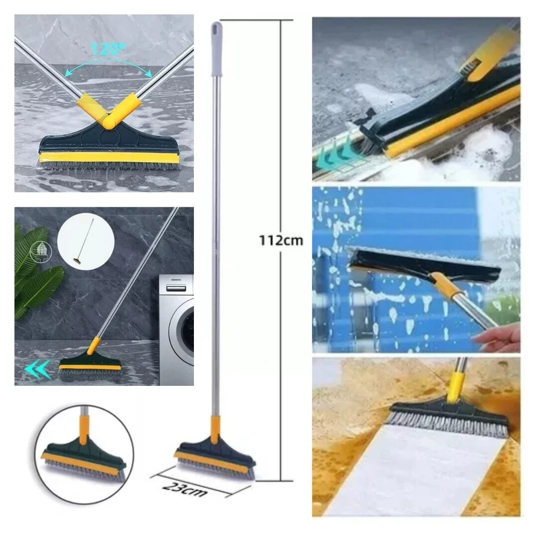 Escoba cepillo limpiador 2 en 1 con rasqueta, 112cm largo, 23cm ancho, ideal para pisos.