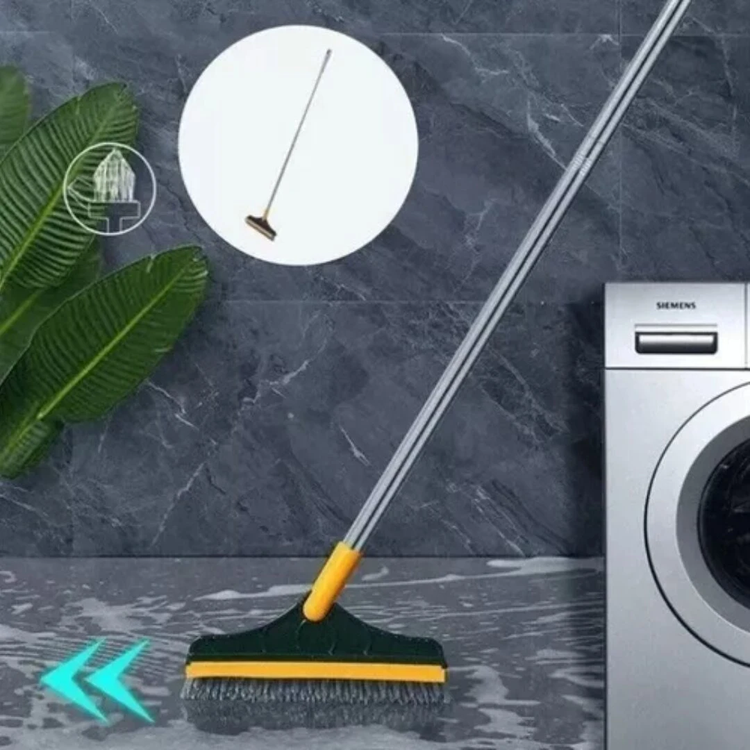 Escoba cepillo limpiador 2 en 1 con rasqueta, ideal para pisos, con mango largo y cerdas grises.