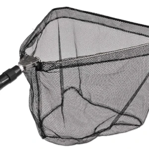 Nasa de pesca plegable con mango telescópico extensible, red negra de malla fina para captura segura.
