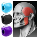 Set x2 ejercitador de mandíbula facial en azul, negro y morado. Ilustra músculos maseteros y temporales.