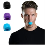Set x2 ejercitador mandíbula en azul y morado, hombre con ejercitador azul en boca.