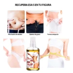 Spray reductor de grasa con aceite de jengibre, ideal para tonificar y combatir celulitis. Muestra antes y después.