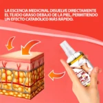 Spray reductor de grasa con aplicador, mostrando capa de piel y tejido adiposo, ideal para combatir celulitis.