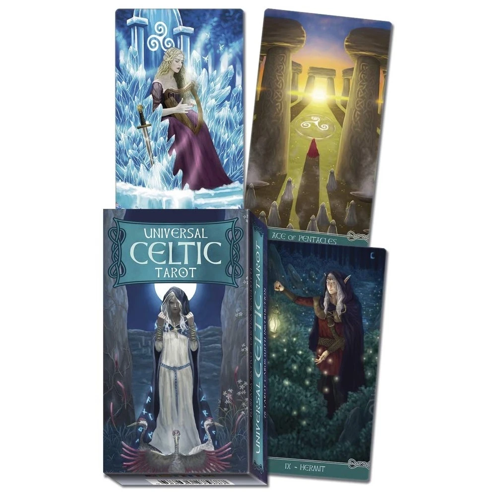 Tarot Universal Celtic con ilustraciones surrealistas, mostrando cuatro cartas: una figura femenina en hielo, un camino entre columnas, una mujer bajo luna llena y una bruja con antorcha.