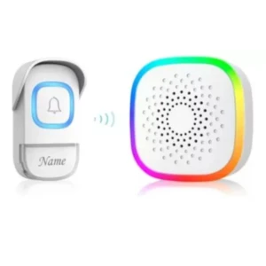 Timbre inalámbrico blanco con botón de puerta con luz azul y receptor cuadrado con borde LED multicolor y rejilla de altavoz central.