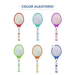 Raqueta eléctrica mata mosquitos en seis colores: rojo, verde azulado, morado, verde lima, naranja y azul. Diseño con marco de plástico, red metálica y mango ergonómico con detalles de color.