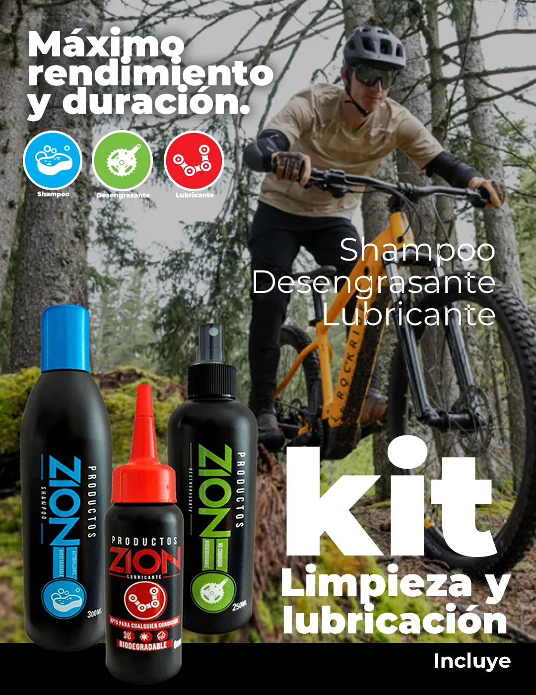 Kit Zion con shampoo, desengrasante y lubricante para bicicleta, biodegradable.