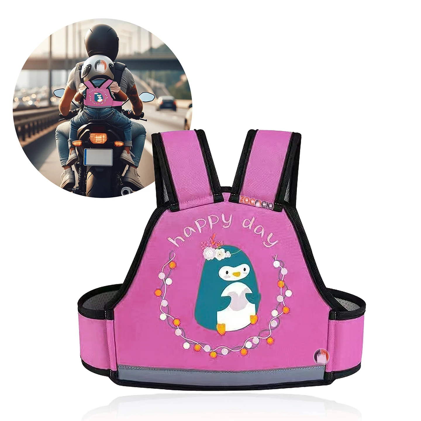 Arnés de seguridad infantil para motocicleta en color rosa con diseño de pingüino y frase happy day, incluye inserto acolchado y reflectantes.