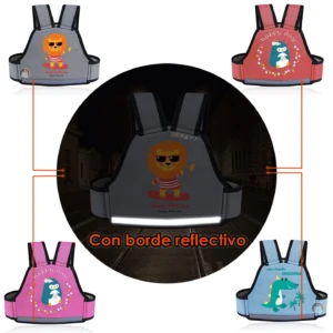 Arnés de seguridad infantil para motocicleta con diseño reflectante y estampados variados: león, dinosaurio y pingüino. Ideal para proteger a niños en viajes.