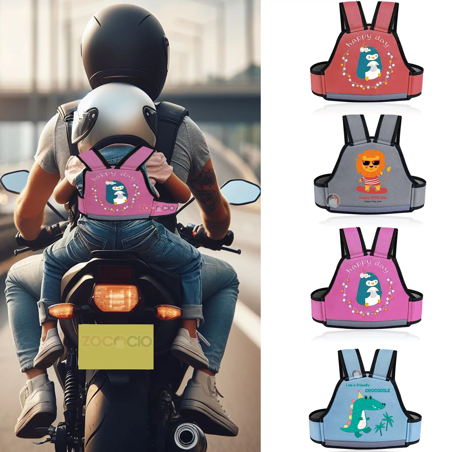 Arnés de seguridad infantil para motocicleta, con diseño de oso polar y dinosaurio, en colores rosa, gris y azul, usado por niño en espalda de adulto sobre moto.