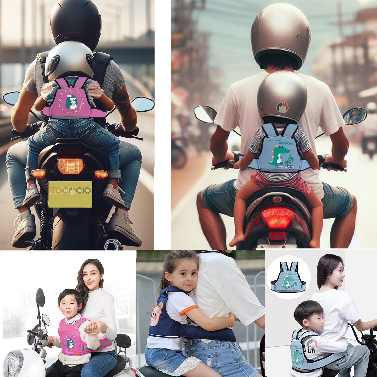 Arnés de seguridad infantil para motocicleta en colores rosa y azul, con diseño ergonómico y sujetadores ajustables, usado por niños en viajes sobre moto.
