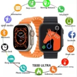 Smartwatch T800 Ultra plateado con pulso naranja y negro, mostrando funciones de salud y deporte.