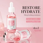 Serum facial Sadoer 4 en 1 rosado para restaurar, hidratar y desvanecer arrugas. Botella con gotero.