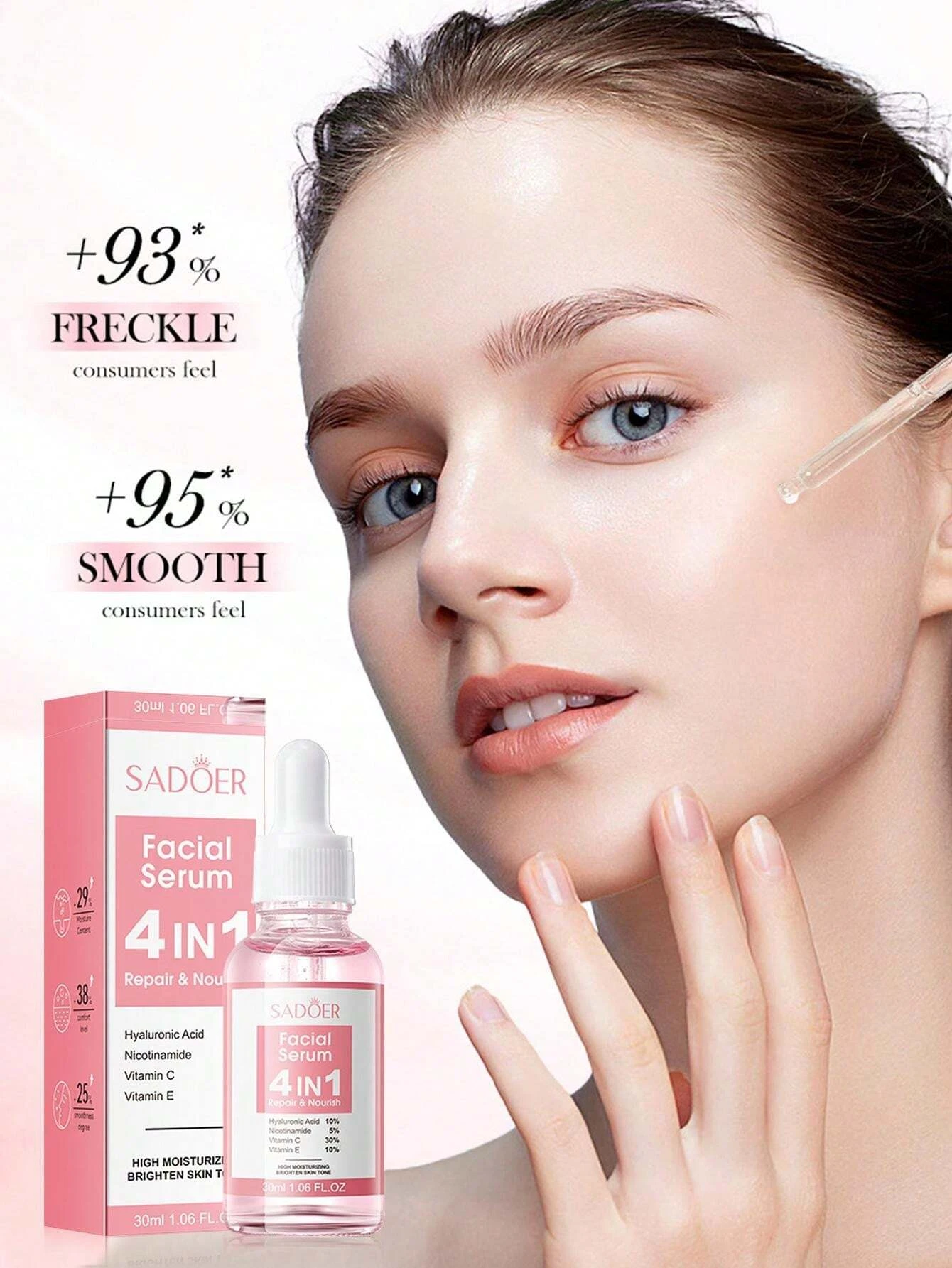 Serum facial Sadoer 4 en 1 para reparar, nutrir e hidratar la piel. Incluye frasco de 30ml.